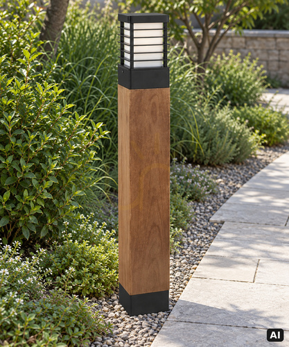 Sprawdź Słupek oświetleniowy NORLYS Halmstad 1413BL drewno / czarny RAL 9005, E27, 85 cm